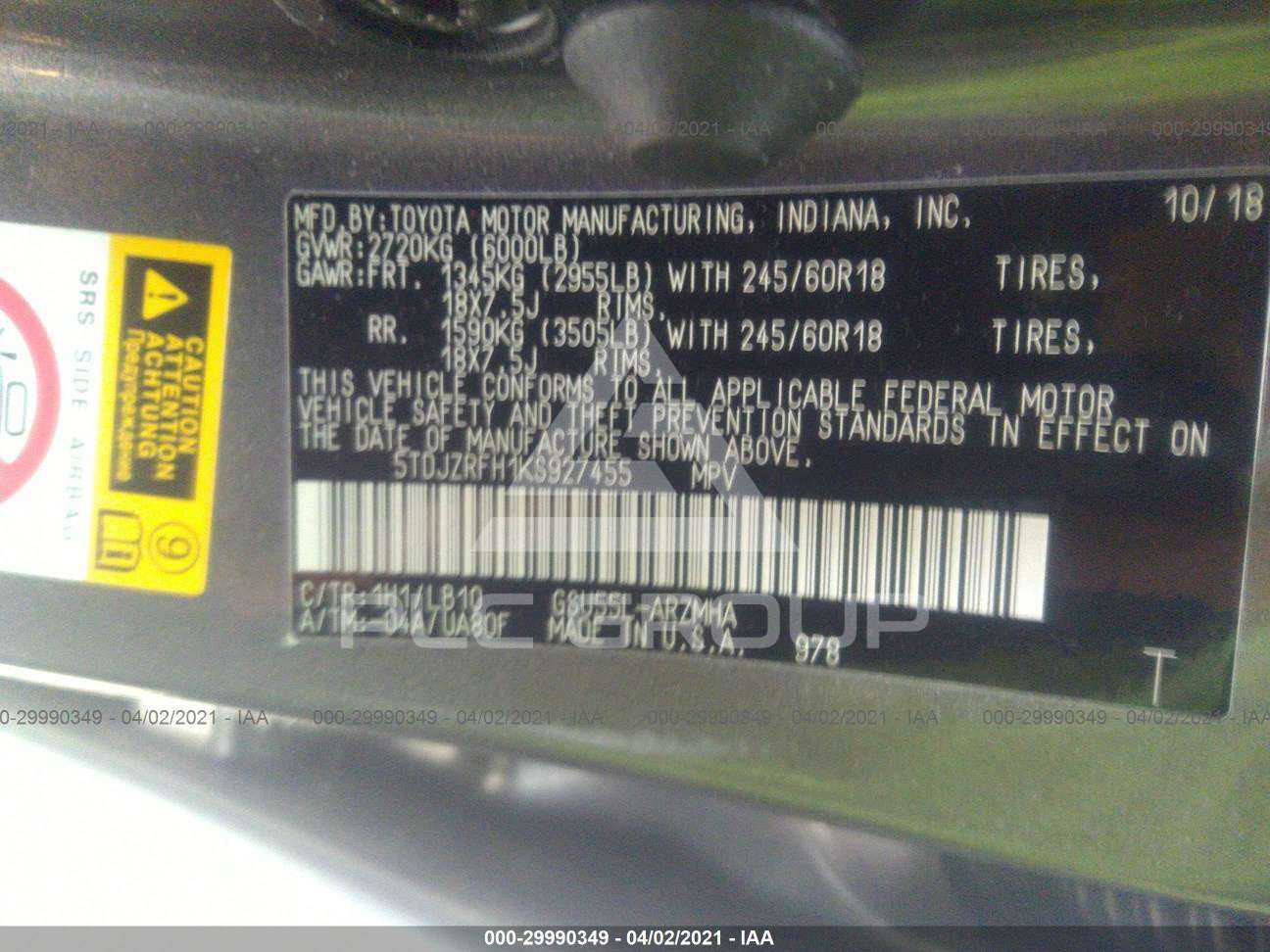 2019 Toyota Highlander VIN: 5TDJZRFH1KS927455 from the USA - PLC Group