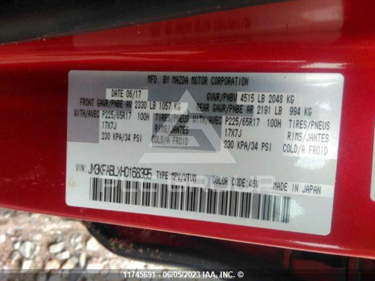 2017 Mazda CX-5 VIN: JM3KFABLXH0168395 з США - PLC Group