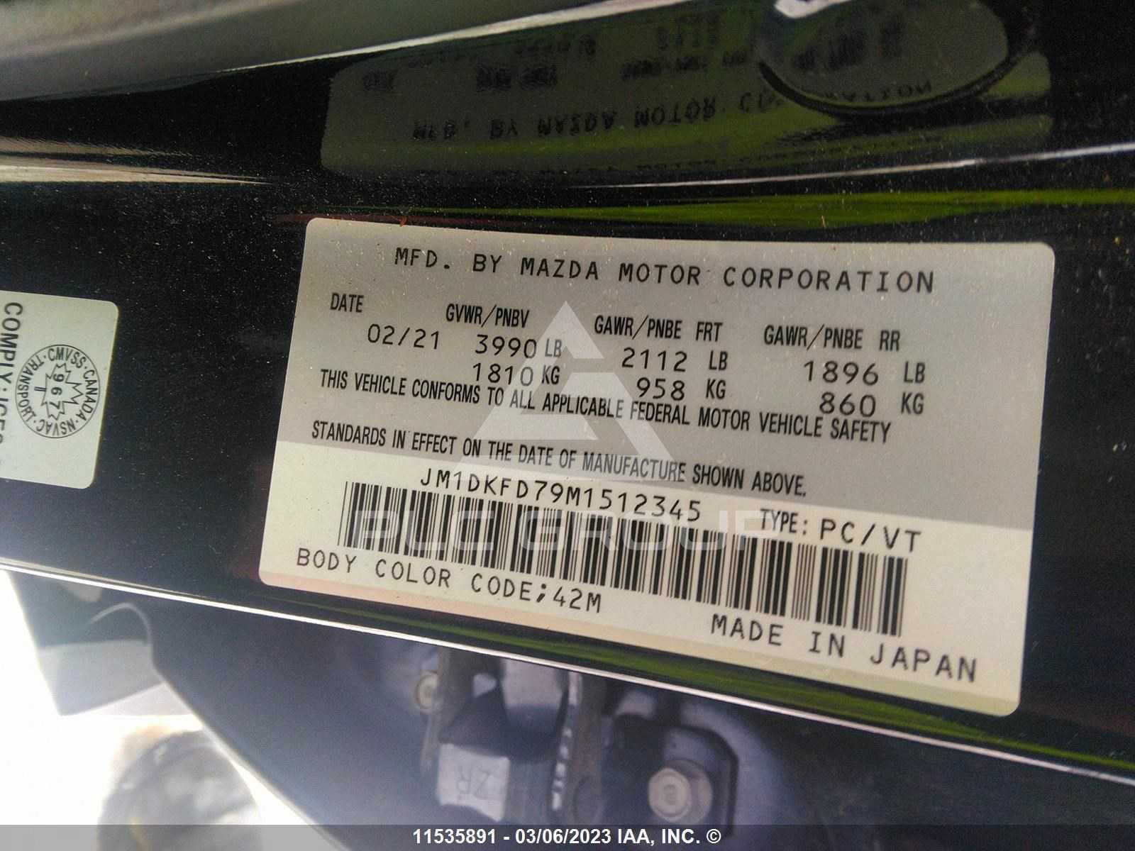 2021 Mazda CX-3 VIN: JM1DKFD79M1512345 з США - PLC Group