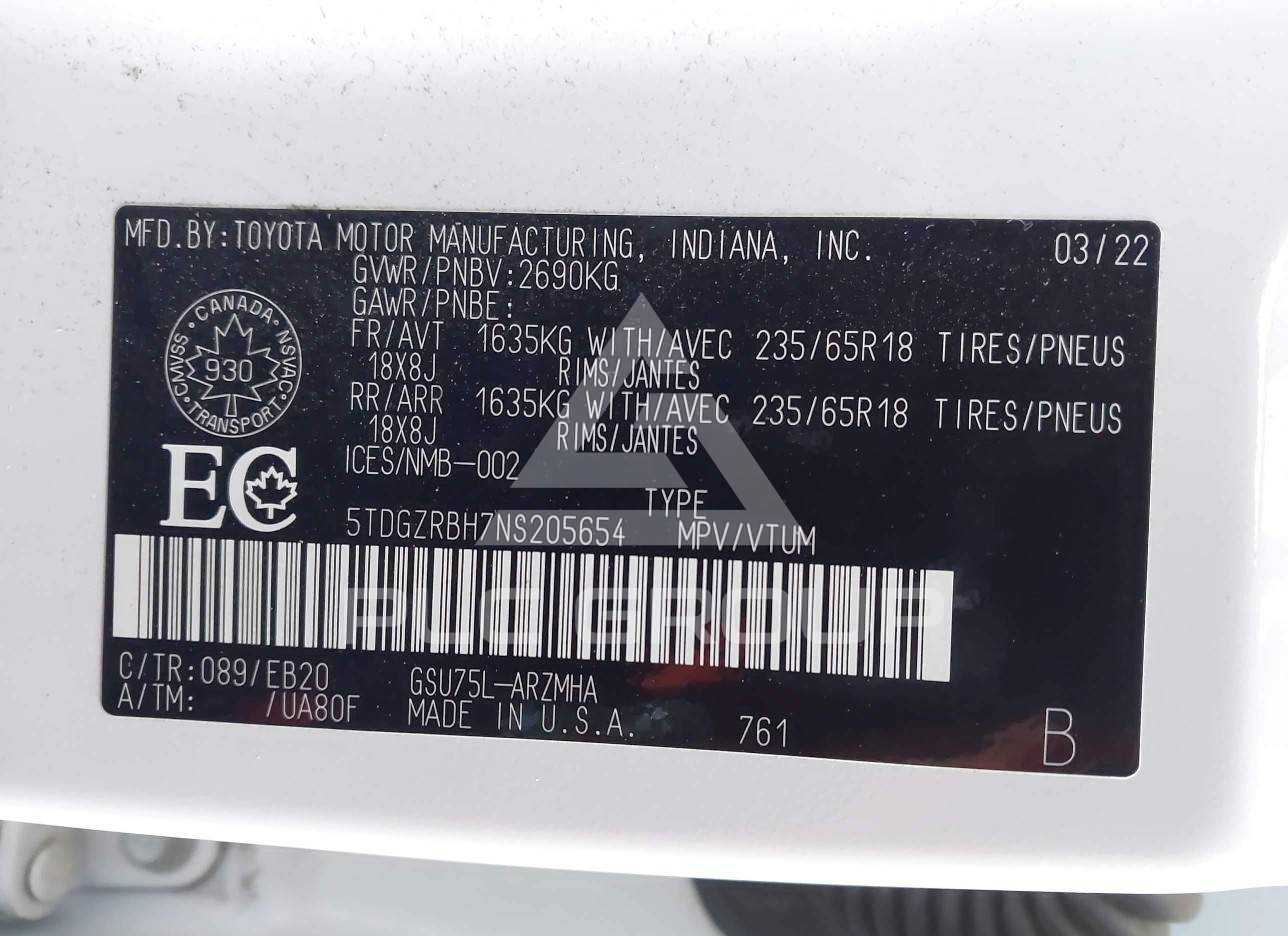 2022 Toyota Highlander VIN: 5TDGZRBH7NS205654 из США - PLC Group