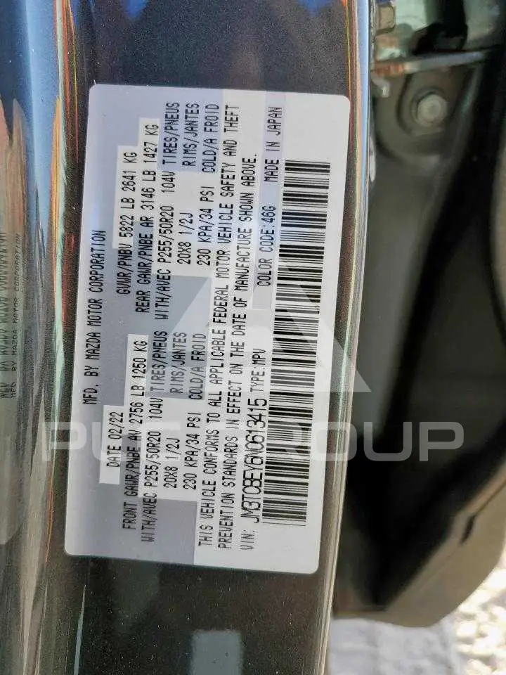 2022 Mazda CX-9 VIN: JM3TCBEY6N0613415 з США - PLC Group