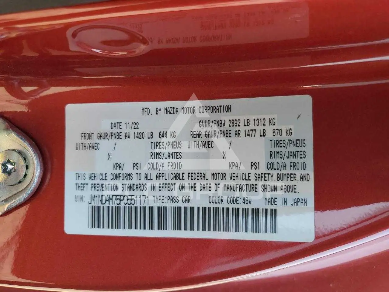 2023 Mazda MX-5 VIN: JM1NDAM75P0551171 з США - PLC Group