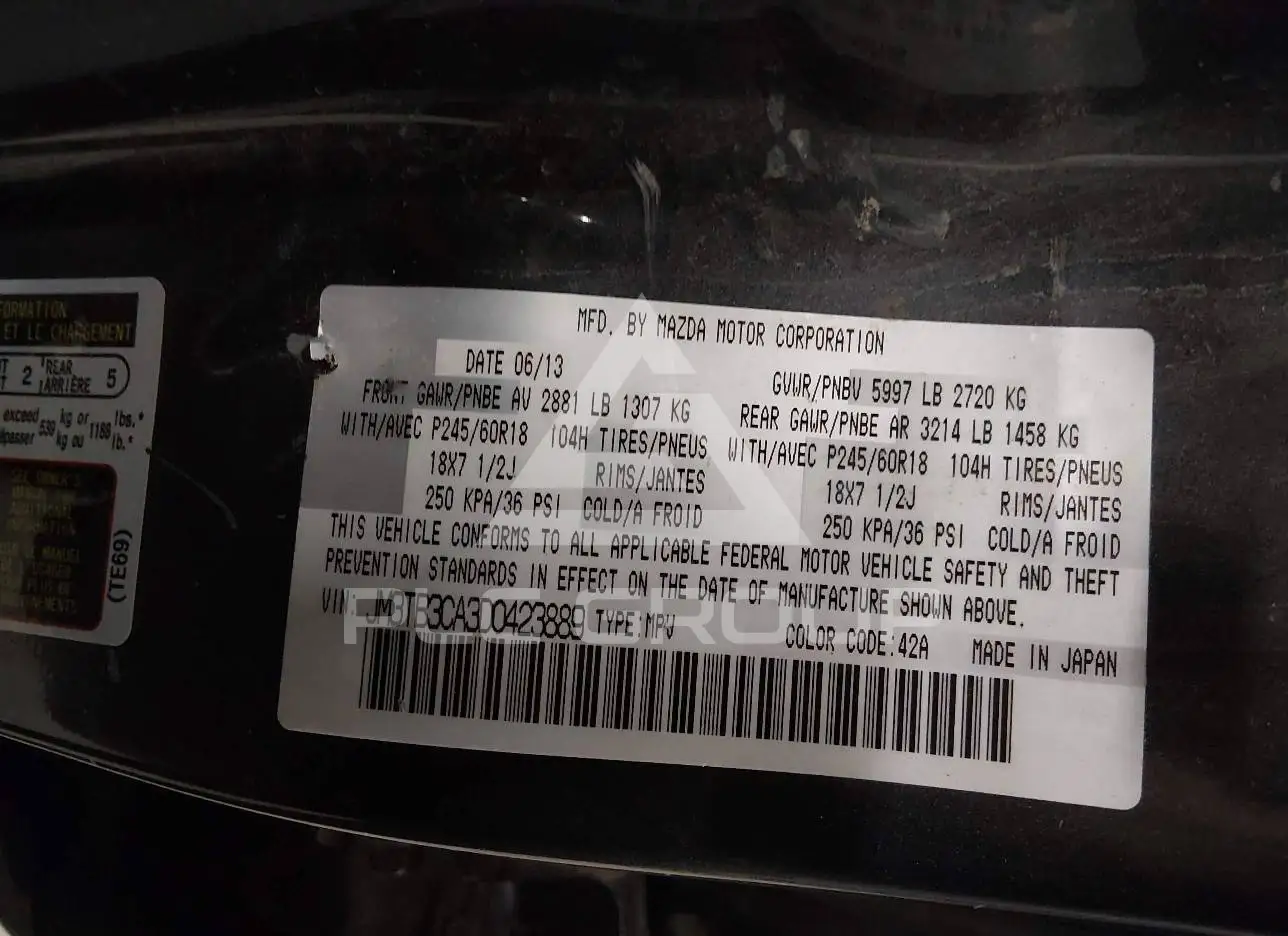 2013 Mazda CX-9 VIN: JM3TB3CA3D0423889 из США - PLC Group