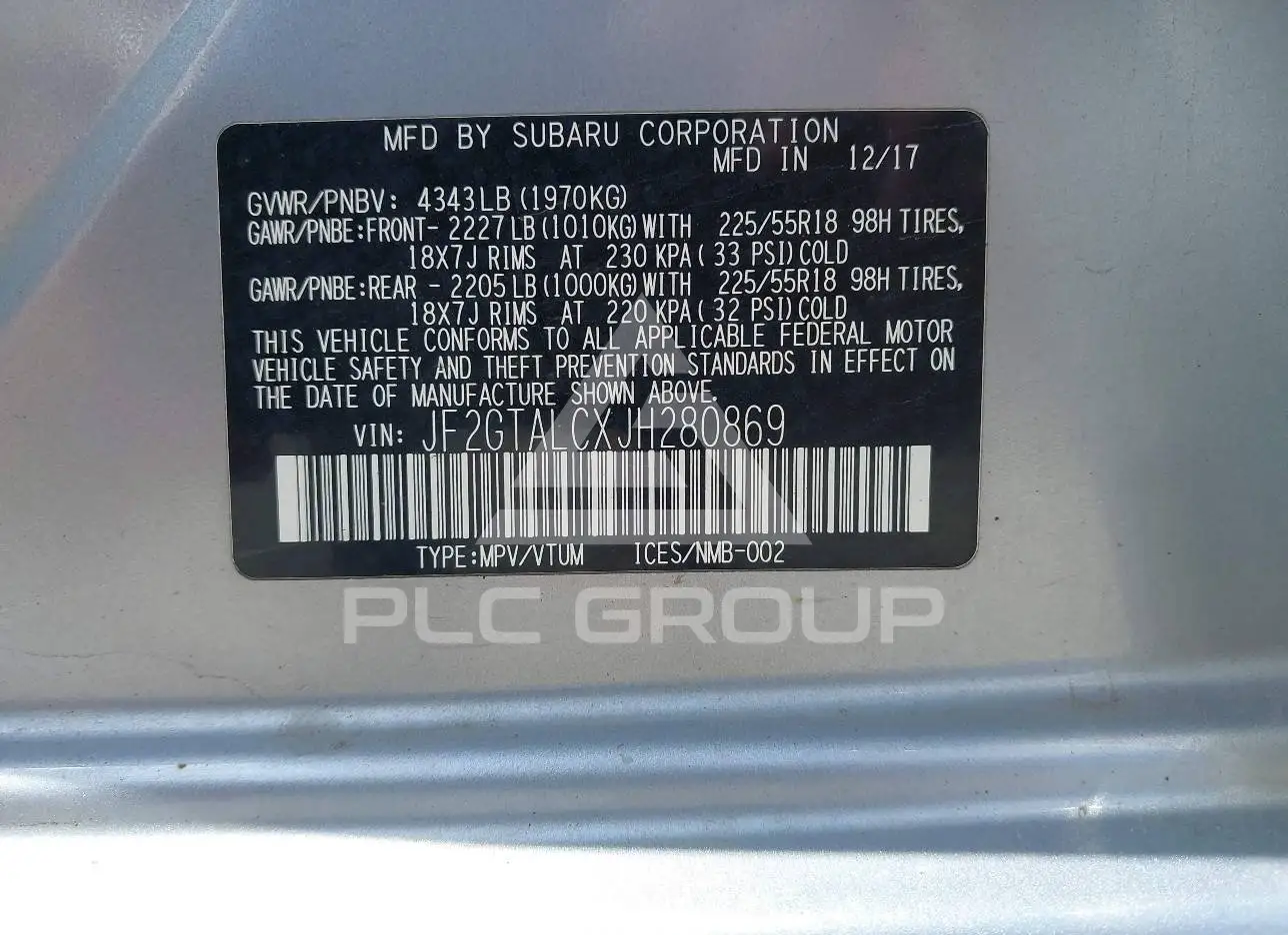 2018 Subaru Crosstrek VIN: JF2GTALCXJH280869 из США - PLC Group