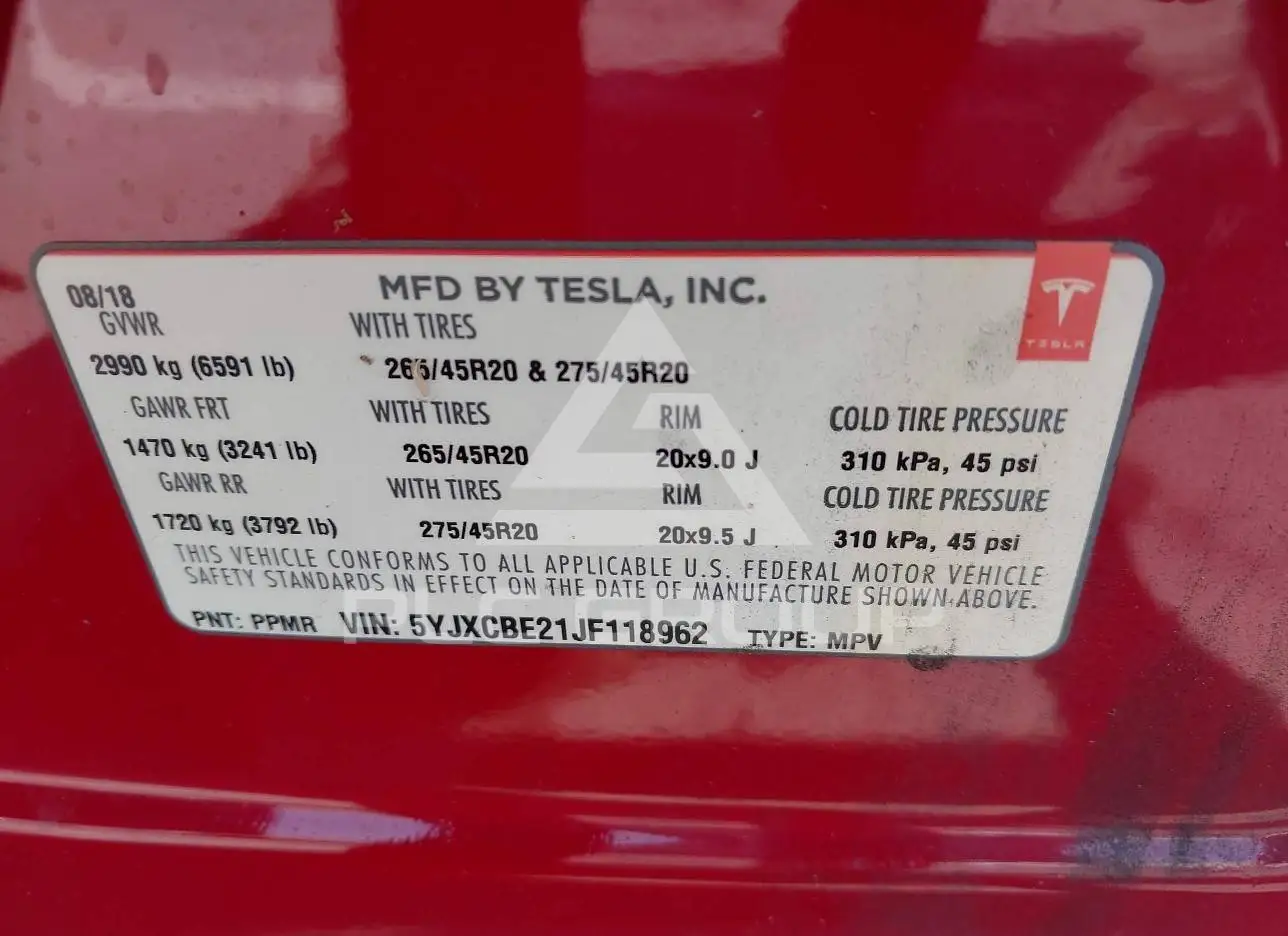 2018 Tesla Model X VIN: 5YJXCBE21JF118962 з США - PLC Group