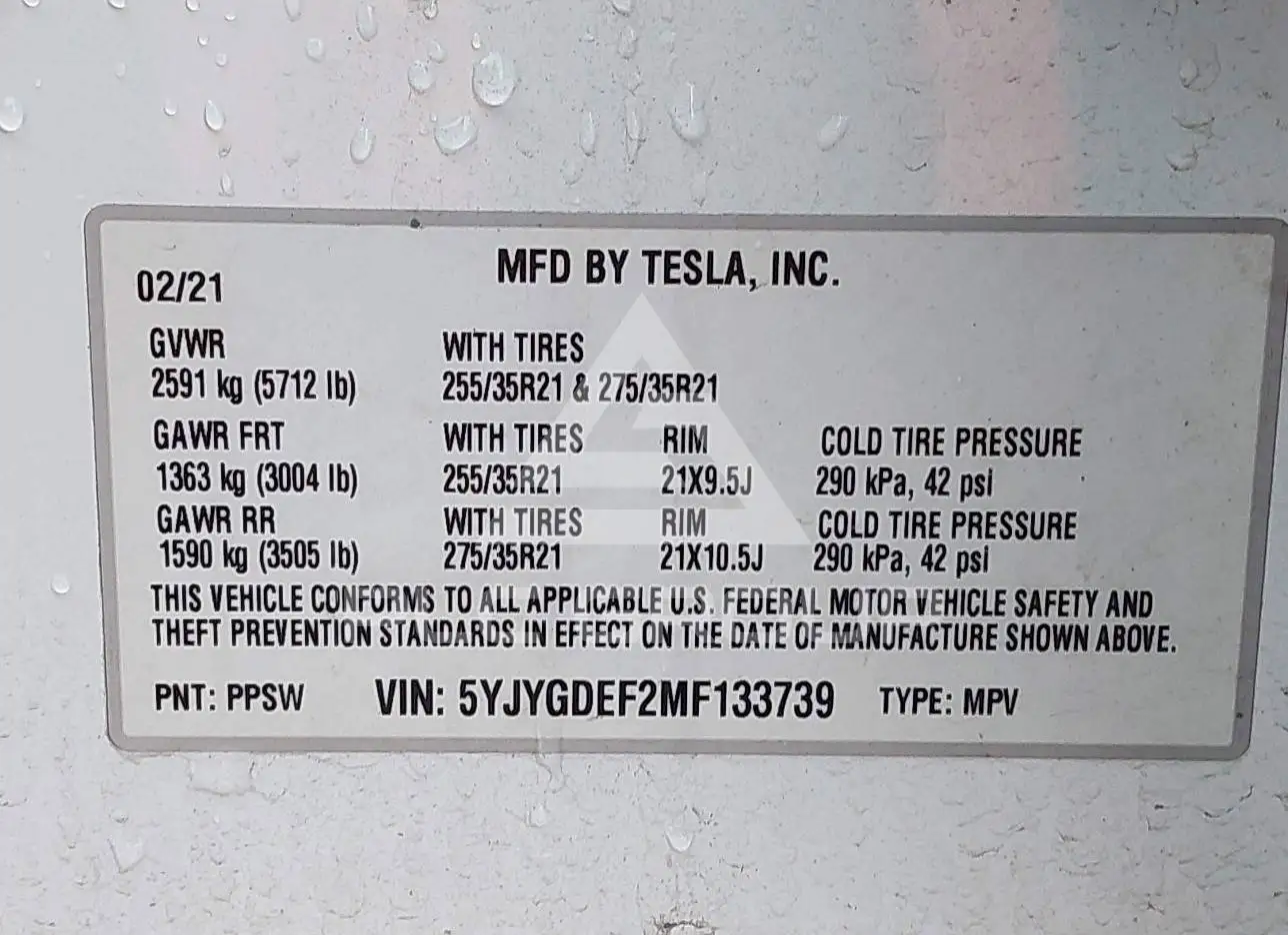 2021 Tesla Model Y VIN: 5YJYGDEF2MF133739 з США - PLC Group