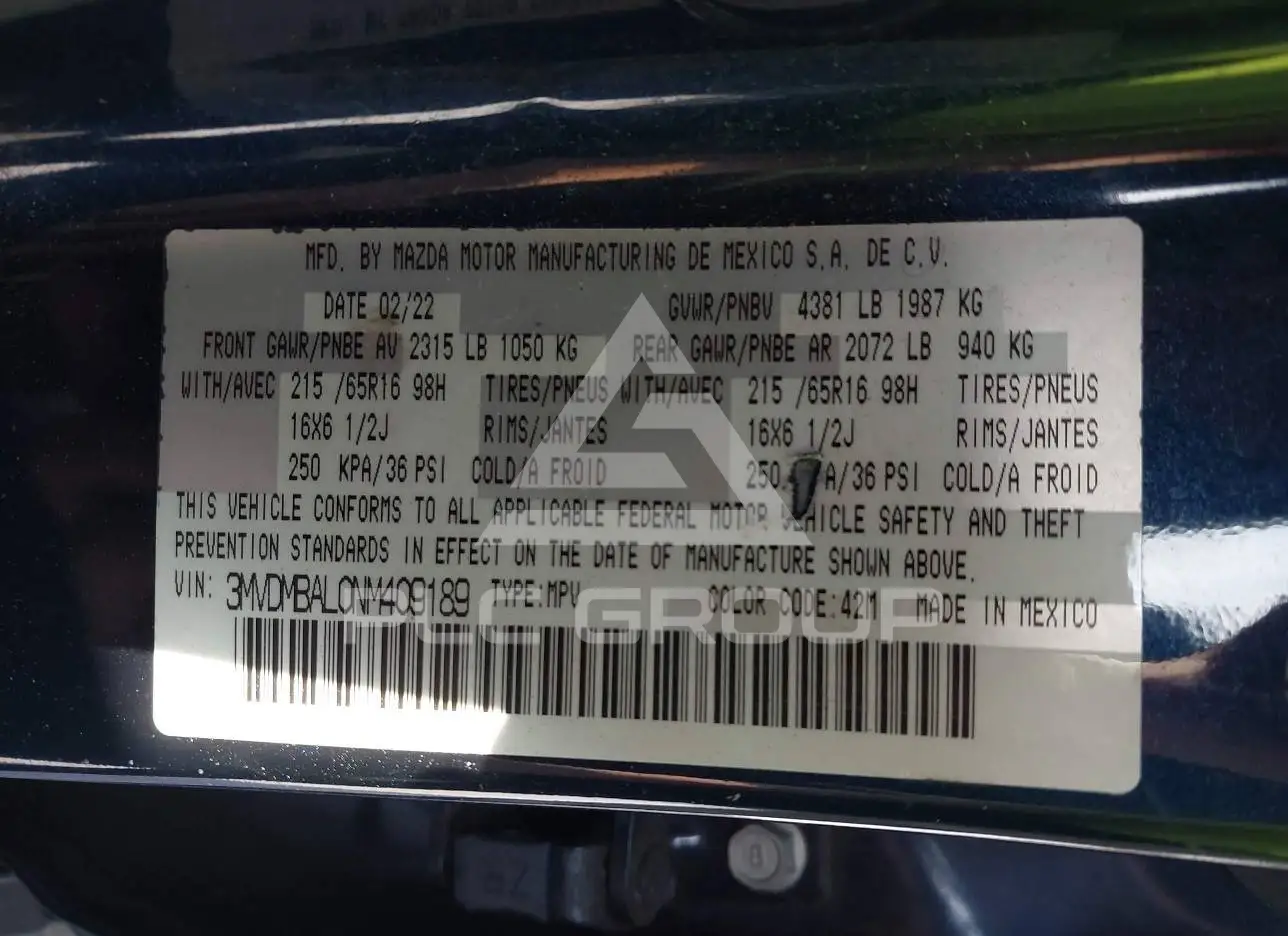 2022 Mazda CX-30 VIN: 3MVDMBAL0NM409189 з США - PLC Group
