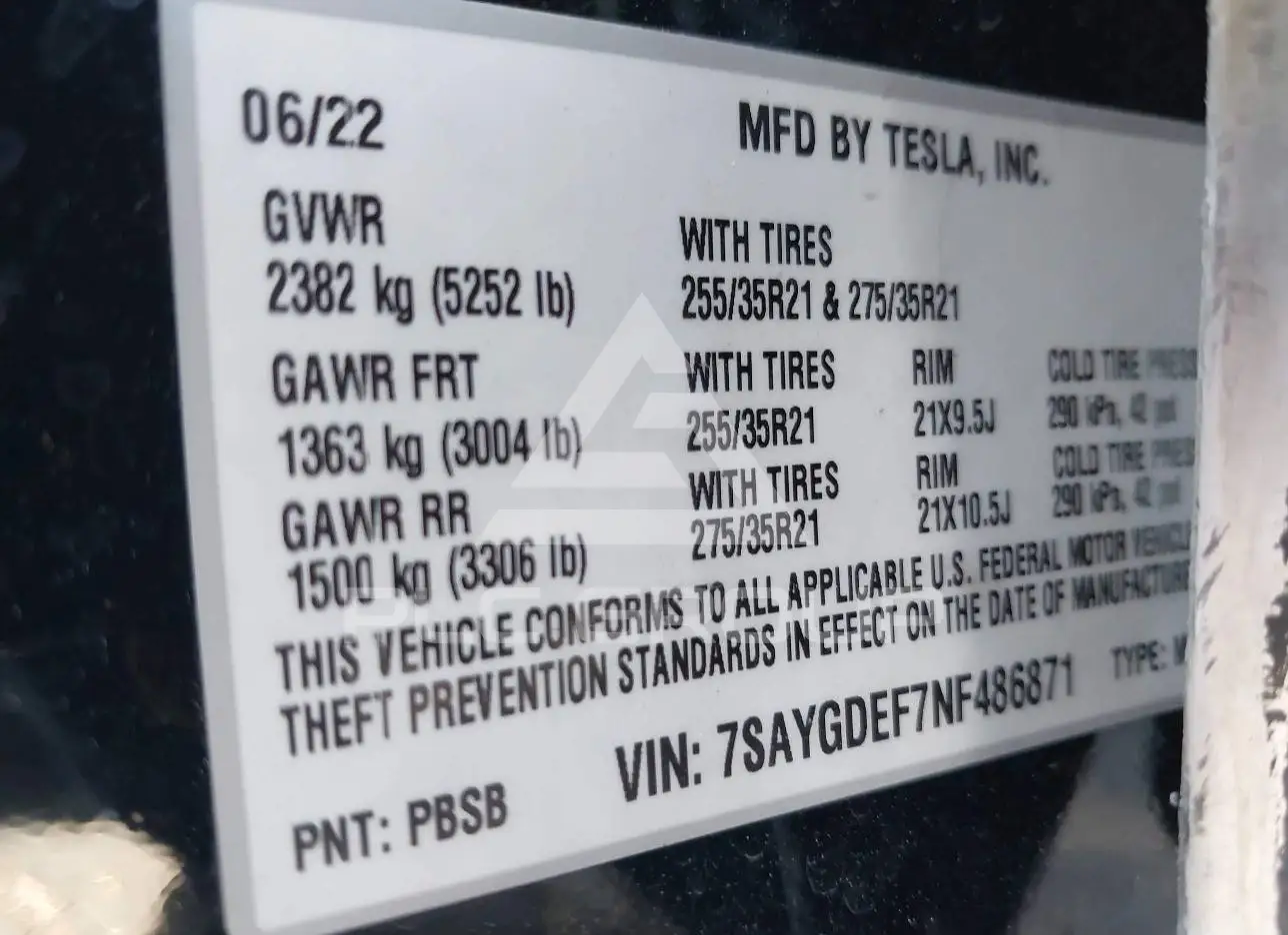 2022 Tesla Model Y VIN: 7SAYGDEF7NF486871 з США - PLC Group
