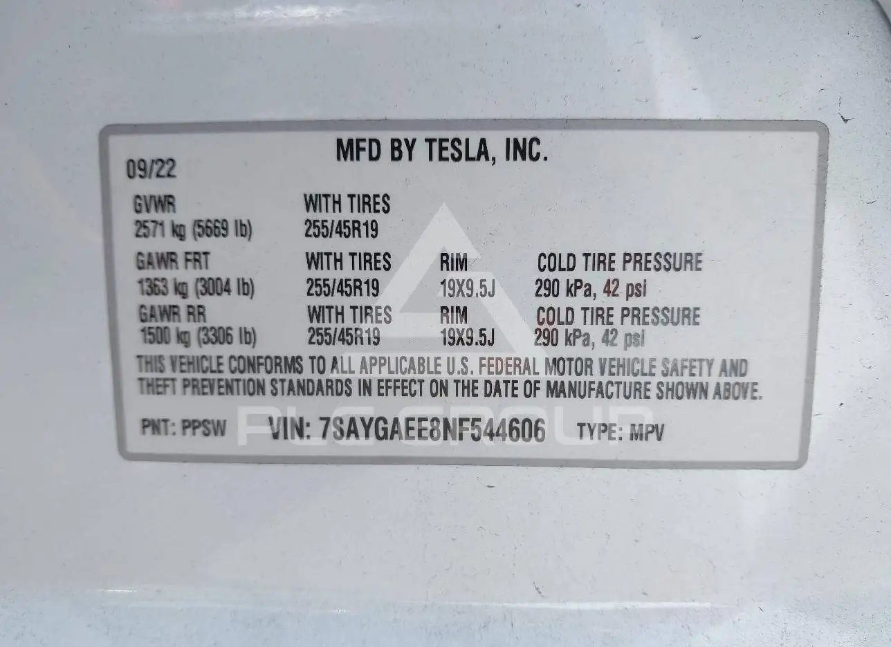 2022 Tesla Model Y VIN: 7SAYGAEE8NF544606 из США - PLC Group