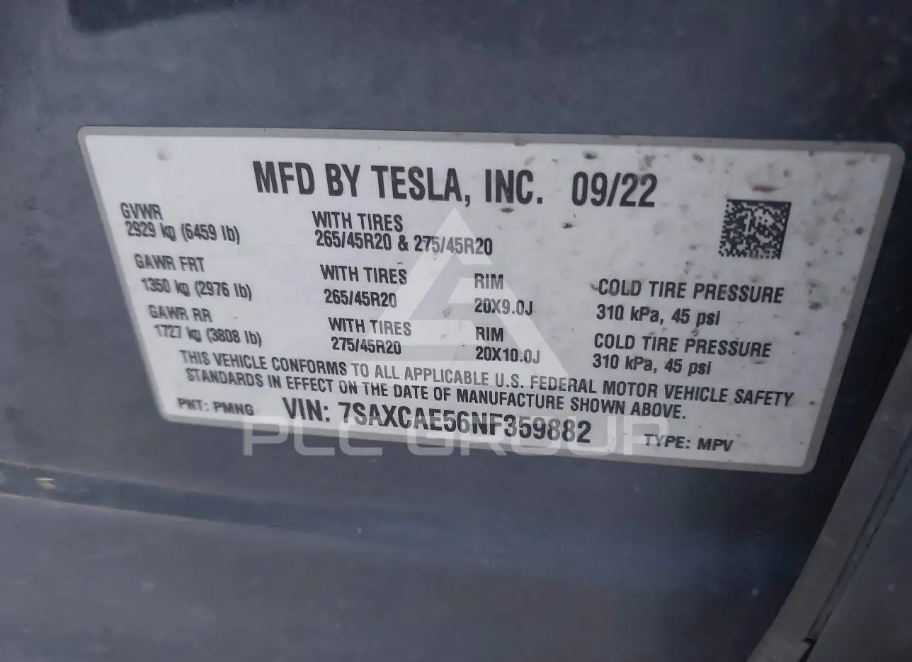 2022 Tesla Model X VIN: 7SAXCAE56NF359882 з США - PLC Group