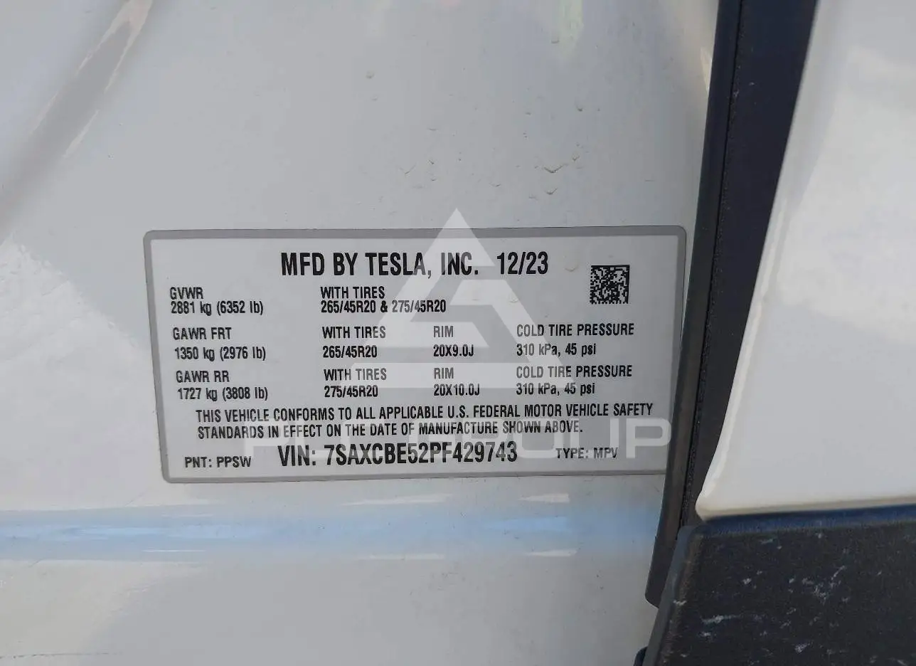 2023 Tesla Model X VIN: 7SAXCBE52PF429743 из США - PLC Group