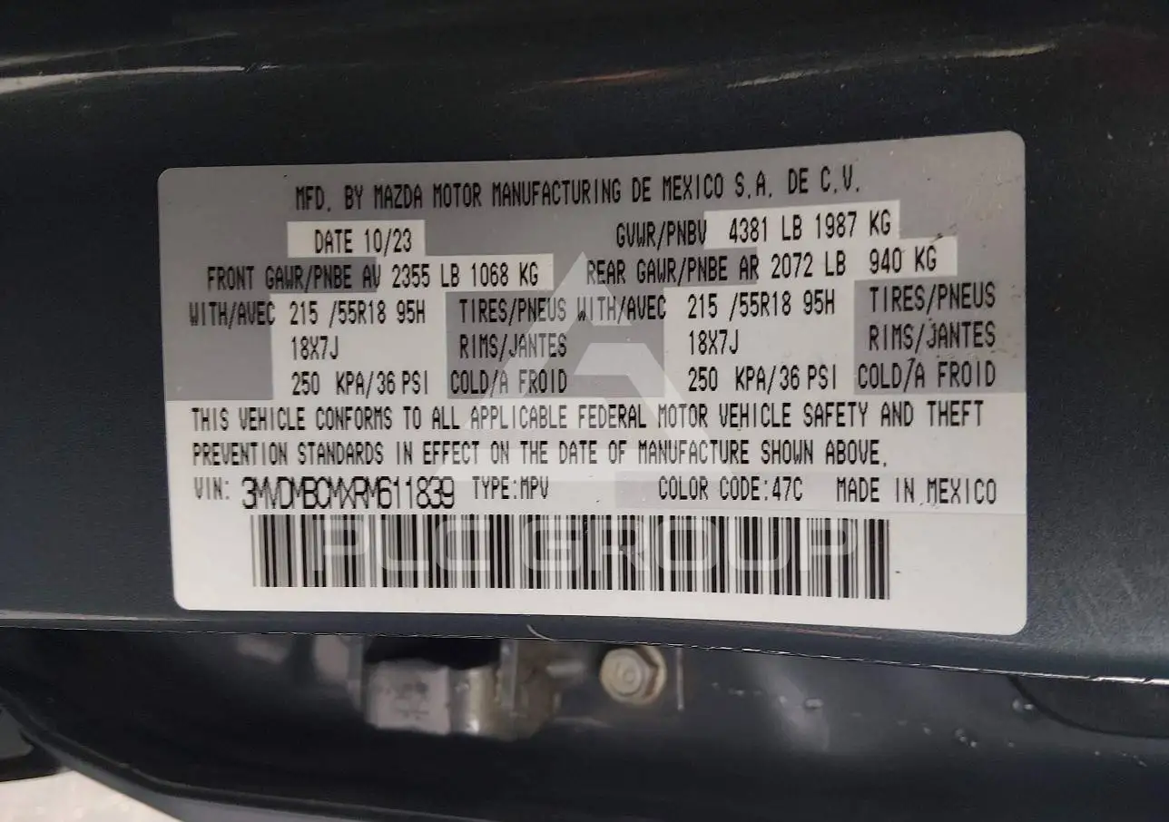 2024 Mazda CX-30 VIN: 3MVDMBCMXRM611839 из США - PLC Group