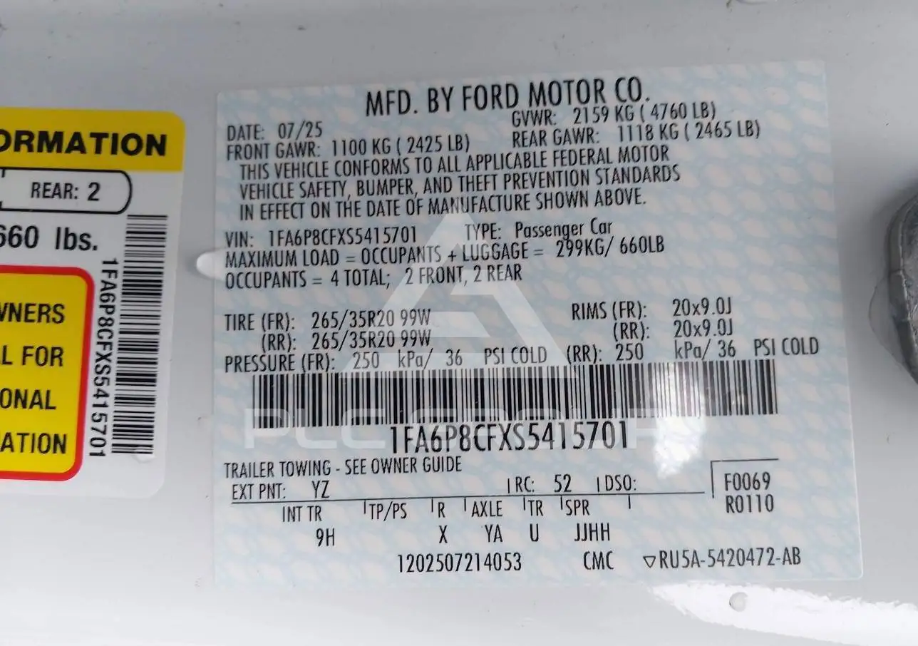 2025 Ford MUSTANG VIN: 1FA6P8CFXS5415701 из США - PLC Group